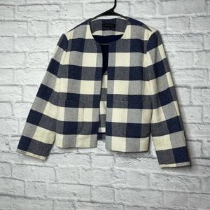 Ann Taylor Navy Buffalo Cream Check Cotton Open Front Blazer 4